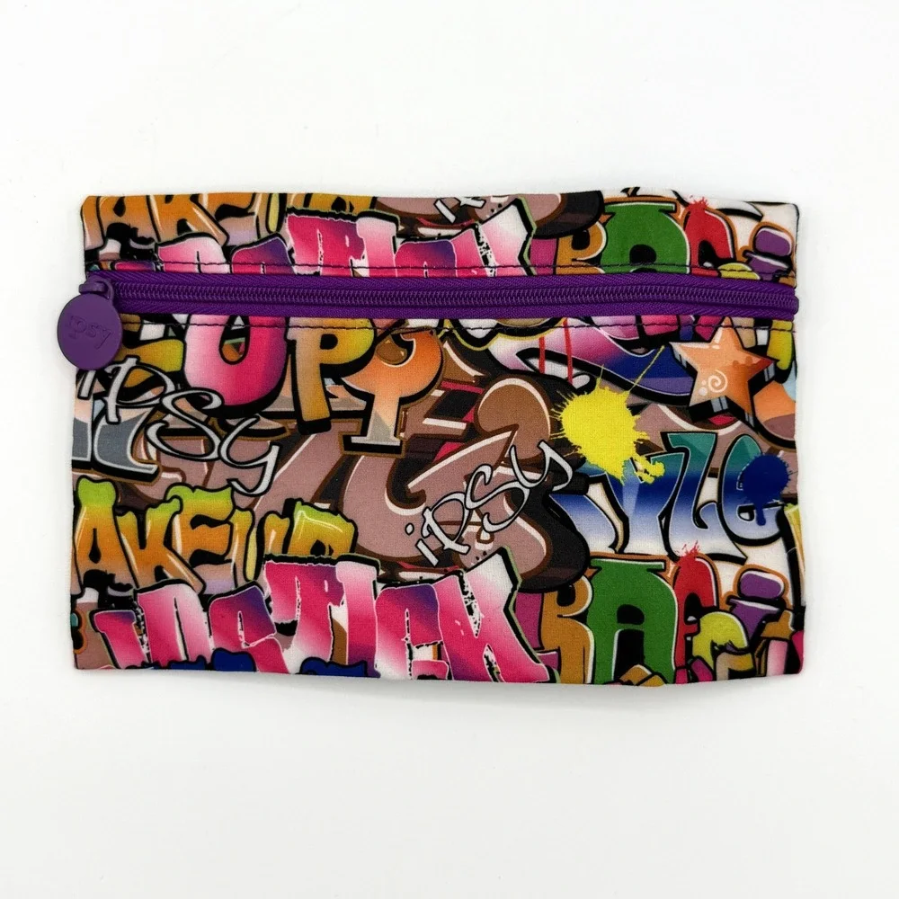 Ipsy Graffiti Print Makeup Bag Cosmetic Pouch Purple Zipper Street Art Style